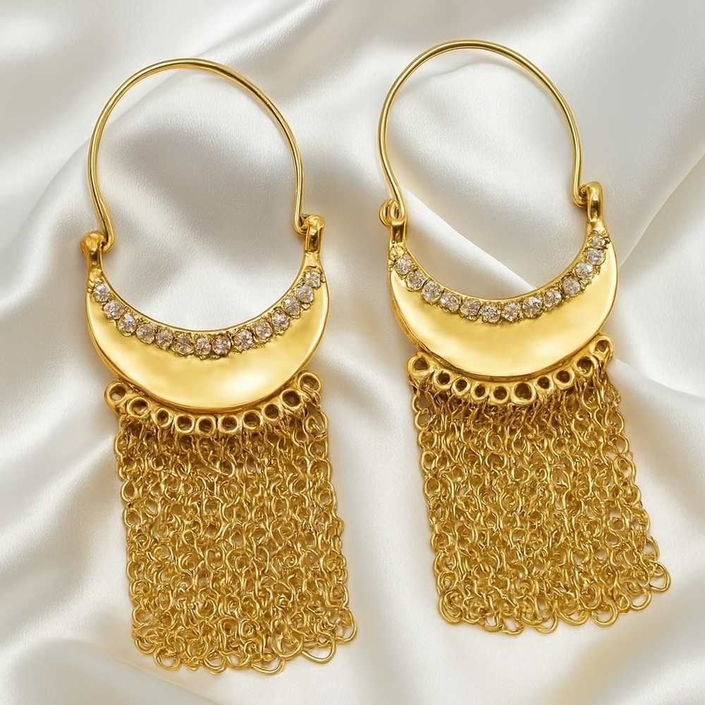 Gold Crystal Fringe Earrings – Crescent Statement Design for Sensitive Ears